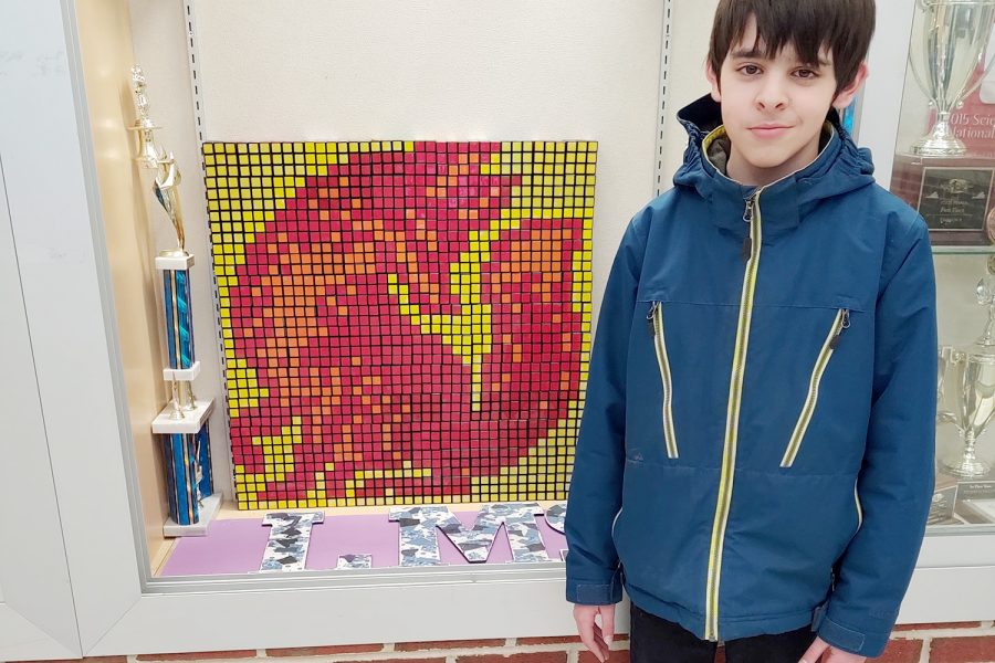 The Rubiks Cube club create pixelated pieces of art for display in the trophy case.  The current artwork shows a red fox.