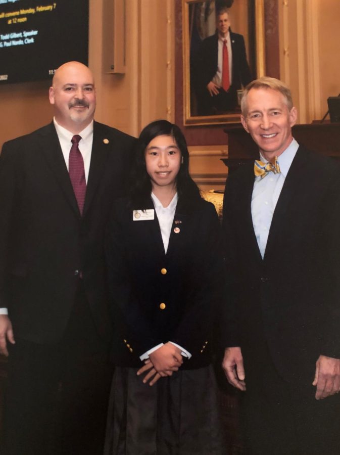 Michelle L. pictured with Speaker Todd Gilbert (Left) and Clerk Paul Nardo (Right)
