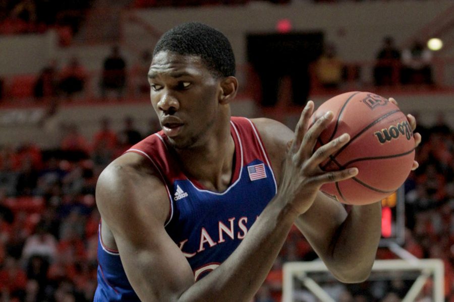 Kansas freshman center Joel Embiid prepares to shoot a layup in the second half of Saturdays game. Embiid scored 13 points, had 13 rebounds, and had 3 steals, but only made 1 block.