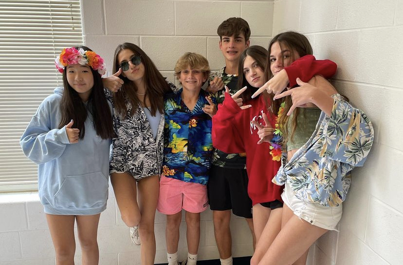 Students show off school spirit with their tropical day gear.