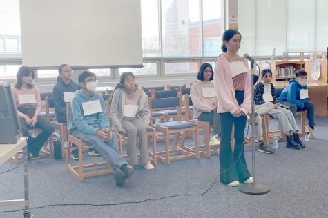 Students gathered in the library to compete in the annual Spelling Bee.