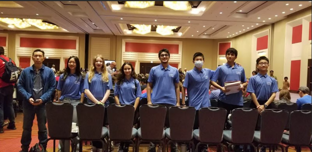 Longfellow quiz bowl team at Middle School Nationals Tournament in Chicago O’Hare Residency (Left: Mr. Huang, Angela Y., Sabina H., Karin L. Mustafa F., Aaron L., Nihal D., Hudson H.).